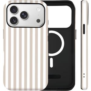 for iPhone 17 Pro Max Case Cute Striped Phone Case Compatible with MagSafe, Dual-Layer Shock Protection(Hard PC + Silicone) - Aesthetic Protective Phone Cover for Women Girl, Apricot