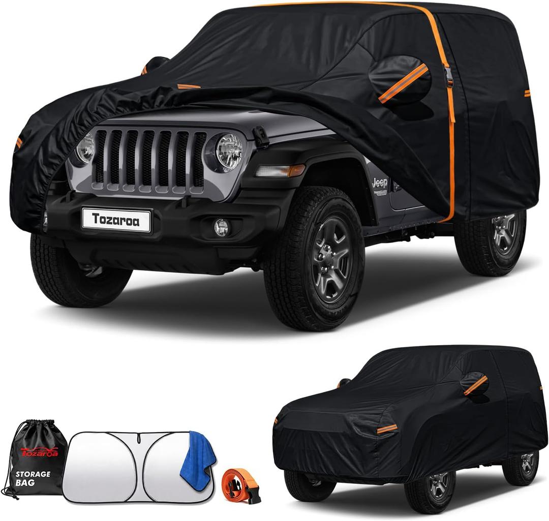 Jeep Wrangler 2 Door YJ TJ JK JL(1987-2026) SUV Cover Waterproof All-Weather,Outdoor Heavy Duty UV-Resistant Full Car Covers with Windshield Sun Shade&Storage Bag(Includes a Towel)