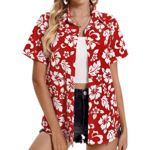 Hawaiian Shirts for Women Tropical Shirt Summer Beach Hawaii Button Down Short Sleeve Blouses Floral Tops Hawaii Outfits 2025 (Small, A-flower Red)