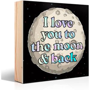 I Love You To The Moon And Back Wooden Box Sign, Love Desk Decor for Home Farmhouse Kids Room Bedroom Office Shelf Bedside Table, Moon Sign Gifts for Family Lover Wife Girlfriend Mom Sister BFF