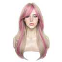 Sallcks Women's Long Layered Blonde with Pink Highlight Wigs with Bangs Heat Resistant Synthetic Fibre Wigs