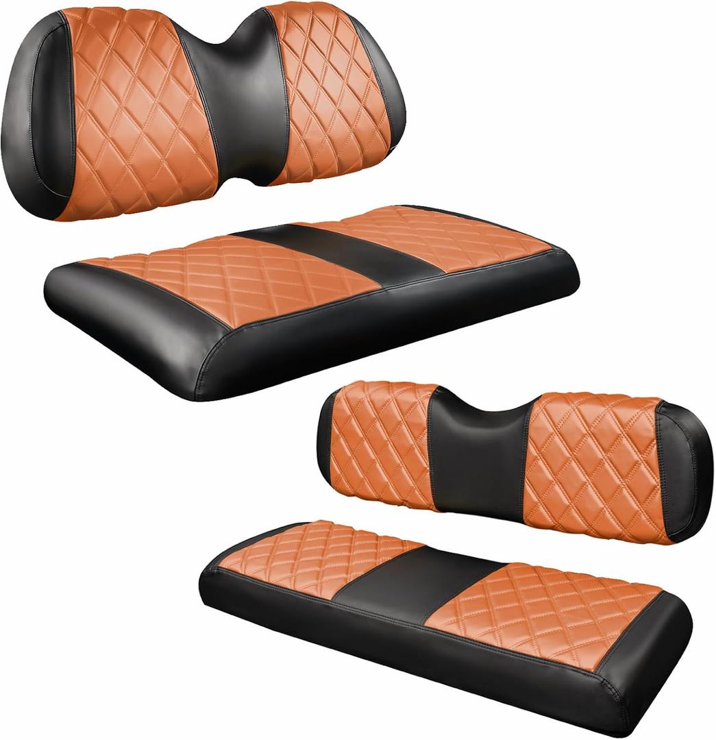 NOKINS 4PCS Golf Cart Diamond Seat Covers Kit,Front and Rear Seat Covers Fits for EZGO/Club Car/Yamaha Original Regular Seat Cushion, No Stapler (Brown and Black)