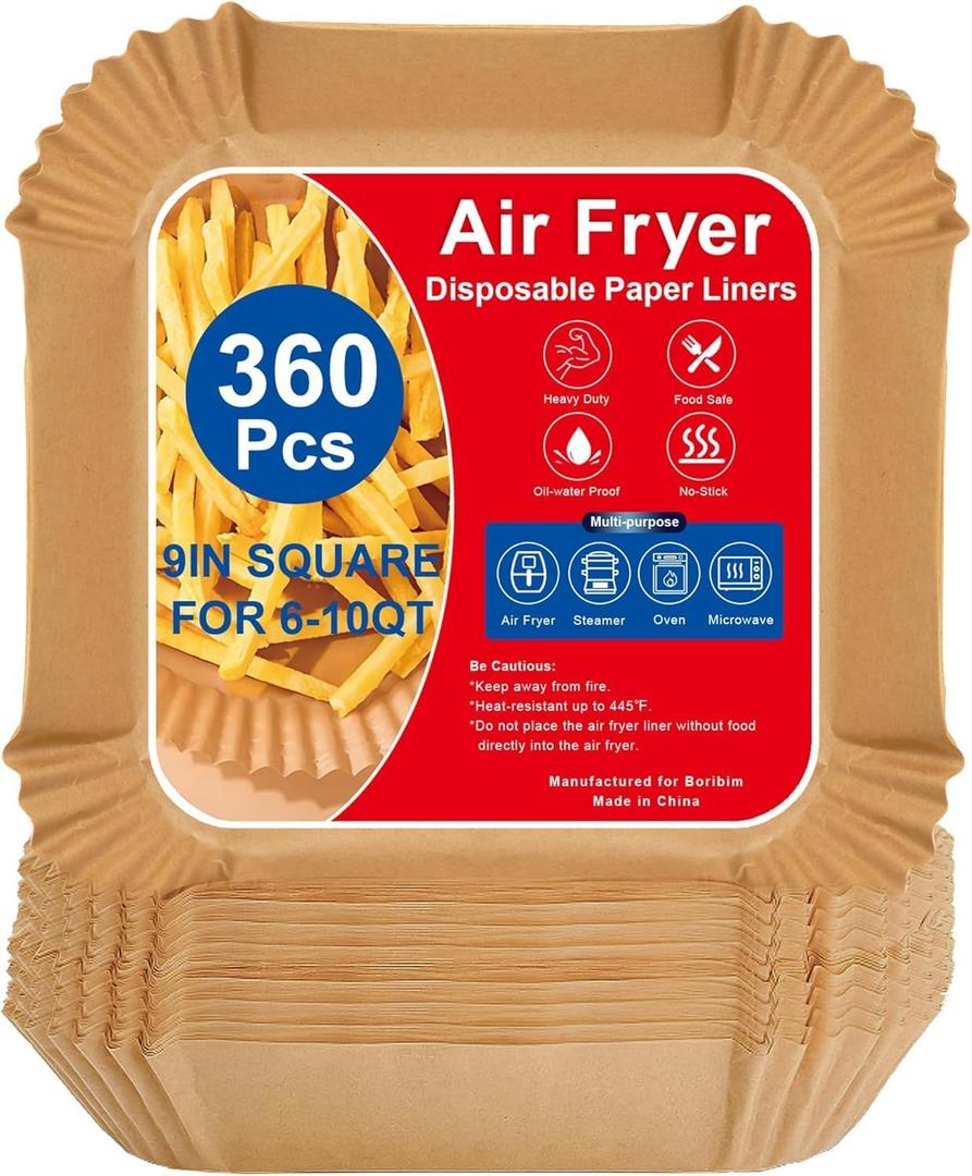 Boribim 9 Inch Air Fryer Paper Liners, 360 PCS Square Air Fryer Disposable Liners - AirFryer Accessories - Non-Stick and Oil Proof Air Fryer Parchment Paper Liners for 6-10QT Basket Oven Microwave