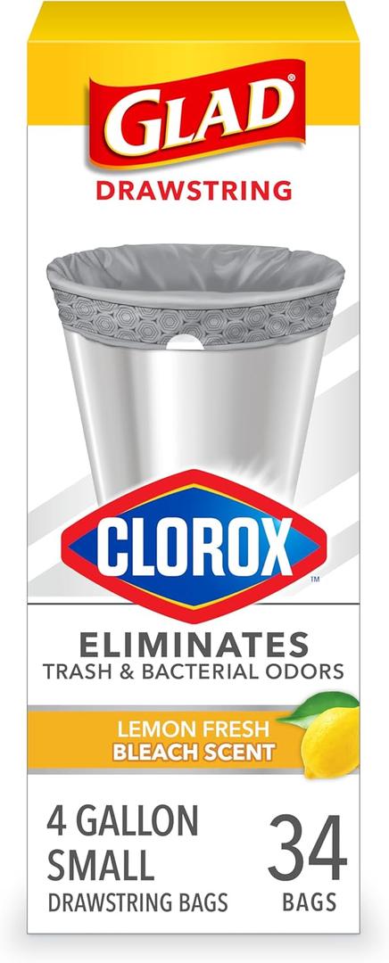 4 x Glad Small Drawstring Trash Bags with Clorox, 4 Gal, Lemon Fresh Bleach, 34 Ct (Package May Vary)