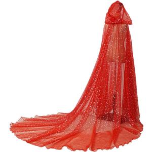 Women Wedding Tulle Cape Hooded Elf Cloak Bridal Dress Robe with Long Train (Red-1)
