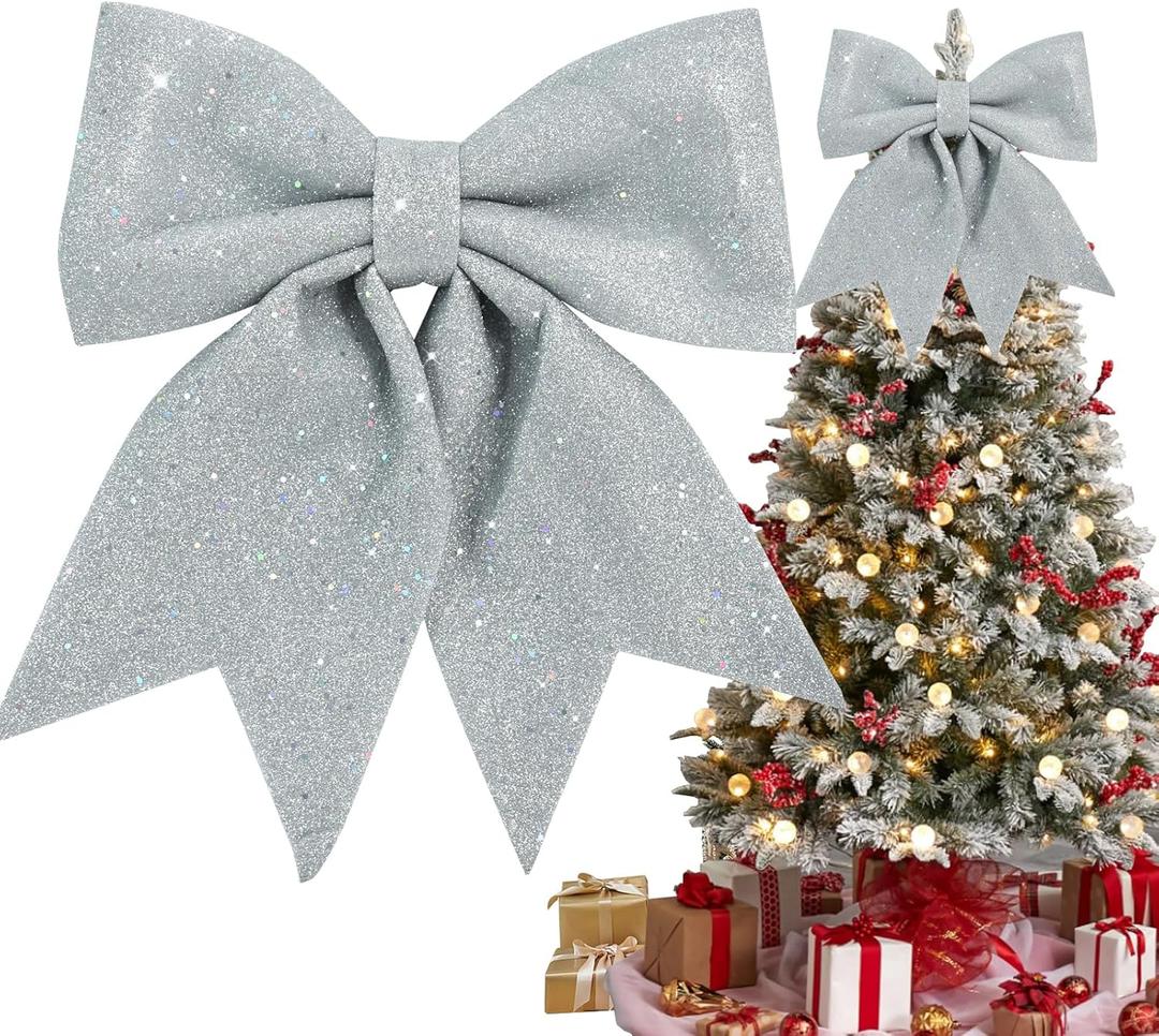 TONIFUL 12x14 Inch Glitter Bow Silver Shiny Christams Bow for Home Party Wedding Indoor Decoration Gift Wrapping Accessories, Christams Whreath Bow DIY Handcraft Bow