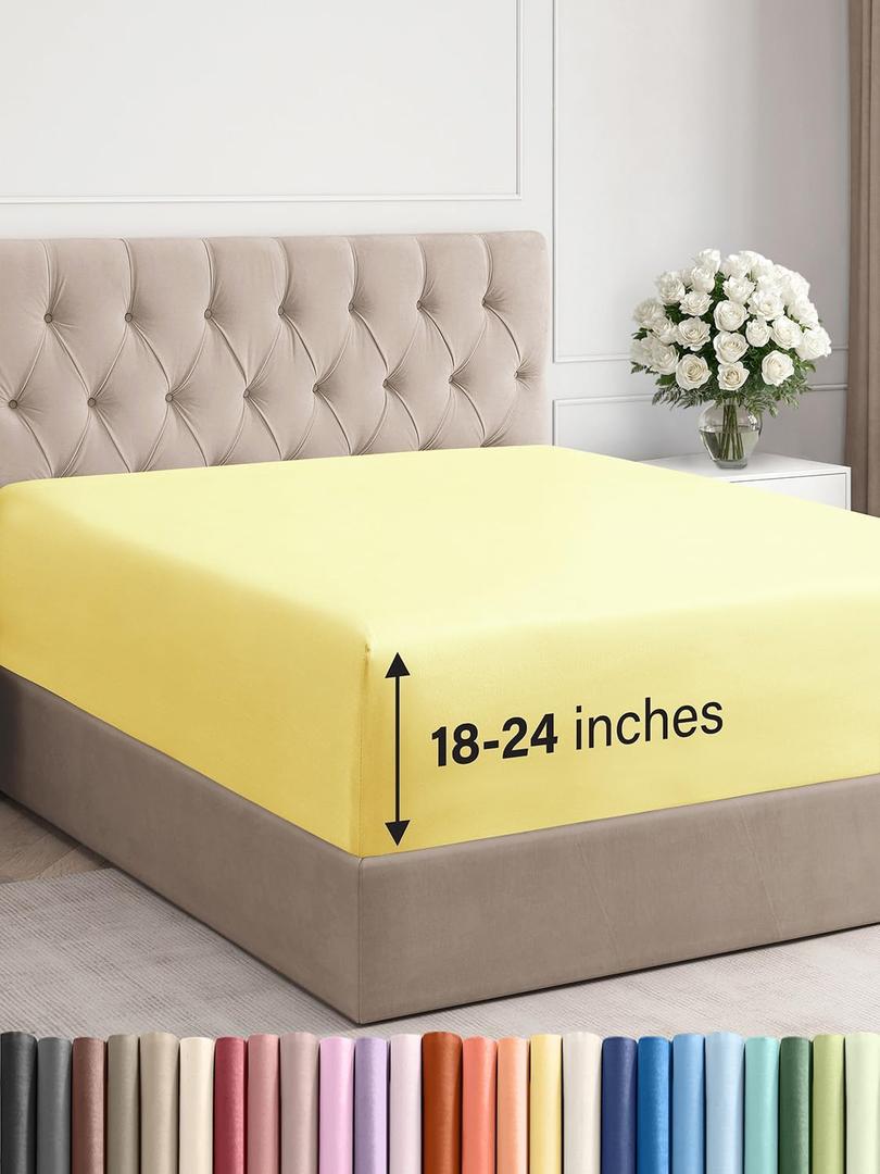 Extra Deep Queen Fitted Sheet - Hotel Luxury Single Fitted Sheet Only - Easily Fits 18 inch to 24 inch Mattress - Ultra Soft, Wrinkle Free w/Extra Deep Pocket - Easy-Care, Breathable & Comfy - Yellow
