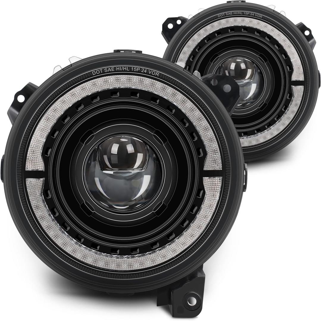 9 Inch LED Headlight Assembly, Round Hi/Lo Sealed Beam with White DRL Halo, Compatible with Jeep Wrangler JL/JLU 2018-2025, Gladiator JT 2019-2025, High Brightness Dual Beam Anti-glare Lens