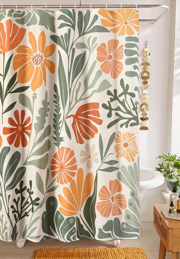 RoomTalks Cute Colorful Floral Extra Long Shower Curtain 78 Inch Funky Aesthetic Bathroom Decor - Heavy Duty Modern Abstract Matisse Flowers Plants Botanical Shower Curtain Set (Green and Terracotta)