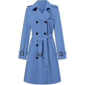 Betusline Women's Double Breasted Waterproof Trench Coat Classic Lapel Overcoat with Belt (Blue, M)