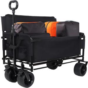 3-in-1 Convertible Folding Wagon Cart with Bench Seat & Storage - 500lbs Heavy-Duty Utility Wagon, 180L Capacity All-Terrain Wheels for Camping, Beach, Sports, Garden (Black)