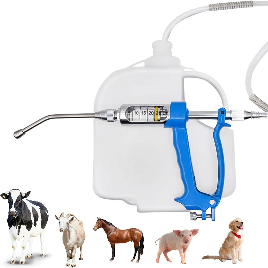 30ML Veterinary Metal Feeding Gun Adjustable Continuous Drench Gun Veterinary Medicine Dispenser with 2.5L Portable Tank Husbandry Autonomous Feeding Tool for Horses Cattle Pig Sheep
