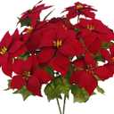 CISDUEO 2 Pcs Artificial Christmas Flowers Red Poinsettia Bushes Christmas Flowers Burgundy Velvet 7 Heads Silk Poinsettias Flowers Floral for Table Centerpiece Ornament Fillers Porch Decorations