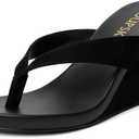Suede Wedge Flip Flops for Women Open Round Toe Platform Sandals Slip On Comfortable Wedge Heels Sandals for Summer Vacation Beach Shoes (Black, 7)