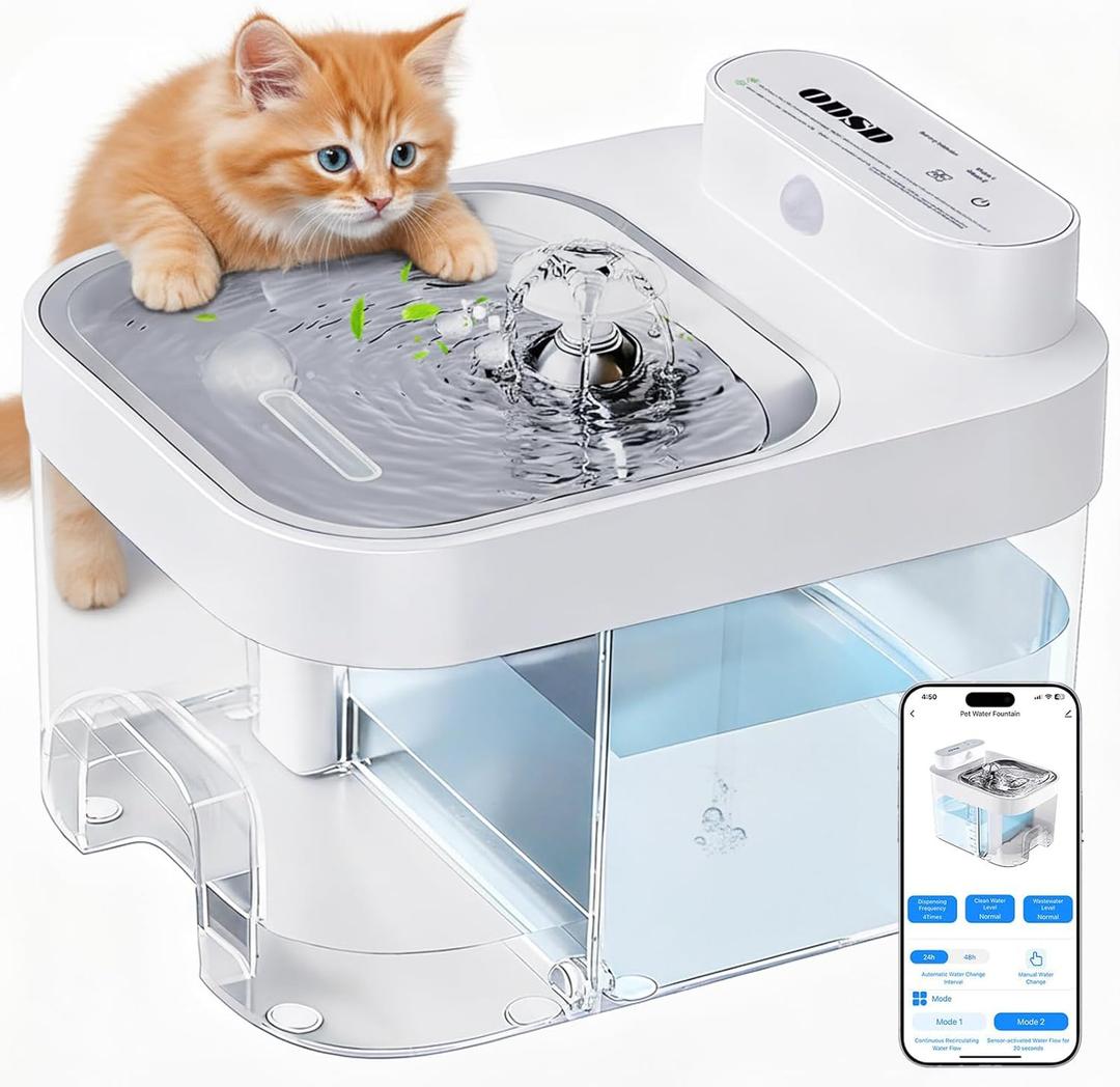 ODSD Cat Water Fountain, App Monitoring Wastewater Separation & No Filter Cotton, Pet Water Fountain with 101oz/3L Large Capacity Tank, Wireless Automatic Water Dispenser for Cats Indoor, 2.4G Wi-Fi (White)