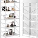 JSB No Assembly Folding Bookshelf, 5 Tier Industrial Metal Book Shelf for Storage, Vintage Wood Foldable Bookcase for Living Room, Bedroom, Office Organization Shelves (All White)