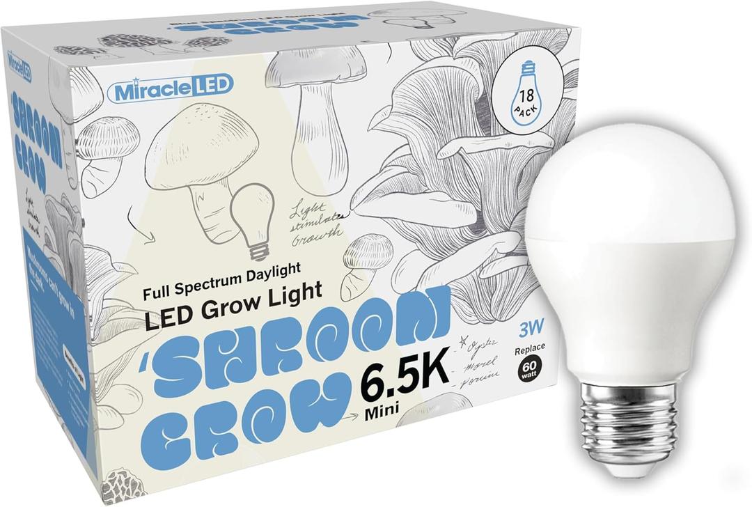 Miracle LED Shroom Grow Indoor LED Grow Bulbs for Oyster, Shiitake, Lions Mane Mushrooms ect. with 6.5K MINI Full Spectrum Replace 60W LED Grow Bulbs (18-Pack)