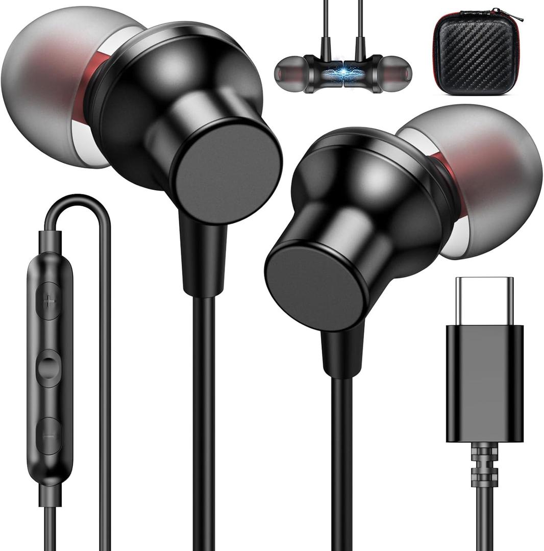 USB C Earbuds Wired Headphones for Google Pixel 10 9 Pro for iPhone 17 16 15 Pro Max/iPad 10th Generation for Galaxy S26 Type C Earphones Noise Canceling Headphone with Microphone Volume Control Black