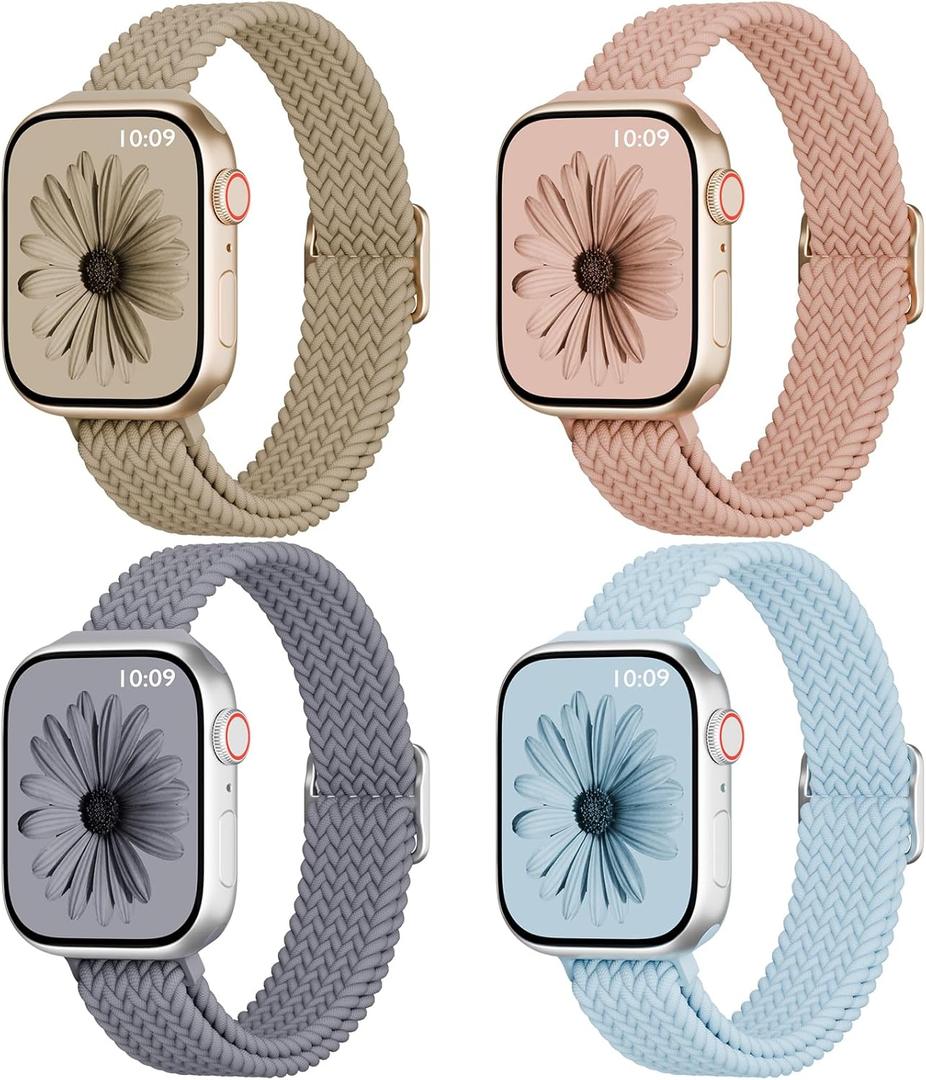 4 Pack Slim Braided Stretchy Compatible with Apple Watch Band 38mm 42mm 40mm 44mm 41mm 45mm 46mm 49mm Women Men, Solo Loop Nylon Thin Strap for iWatch Series 11 10 9 8 7 SE 6 5 4 3 Ultra (Stone/Nude Pink/Blue Grey/Sky Blue)