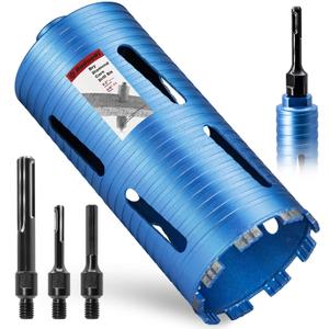 4 1/2" Dry Core Drill Bit, 5/8"-11 Thread, with 3 Adapters Included: SDS Plus, SDS Max and 1/2" Hex Shank; 9.5" Drilling Depth Diamond Core Bits for Brick, Block, Concrete, Stucco, Masonry