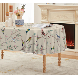 Horaldaily Spring Tablecloth Tablecloth 60×84 Inch Oval, Birds Branch Beige Floral Washable Seasonal Table Cover for Party Picnic Dinner Decor, 70" (Round)
