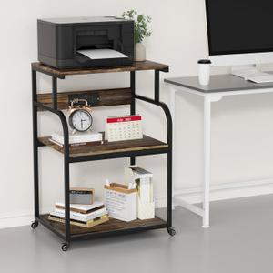 Large Printer Stand with 3-Tier Wood Storage Shelves with Power Outlet-Multi-Purpose Desk Organizer- for Printer Scanner Fax Home Office Use with Wheels (Rustic Brown)