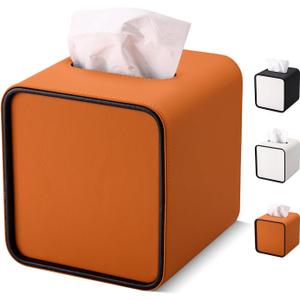 GORESE Square Tissue Box Cover for Kleenexs, PU Leather Tissue Box Holder, Decorative Tissue Holder Cover for Bathroom Bedroom Living Room Office, Orange