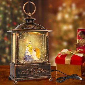 10.8'' Christmas Snow Globe Lantern Snowman with Holiday Tree Musical LED Lighted Scene Water Swirling Glitter with 6H Timer,Battery & USB Powered for Christmas Home Decoration Gift (Jesus)