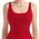 SUUKSESS Women Padded Cotton Ribbed Long Tank Tops 2025 Summer Going Out Basic Scoop Neck Cami Tops (Large, Red)