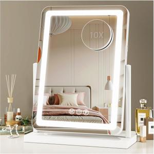 Vanity Mirror with Lights, 18"x13" Hollywood Lighted Makeup Mirror for Tabletop & Bedroom 3 Color Lighting Modes Smart Touch Control 360 Rotation Detachable