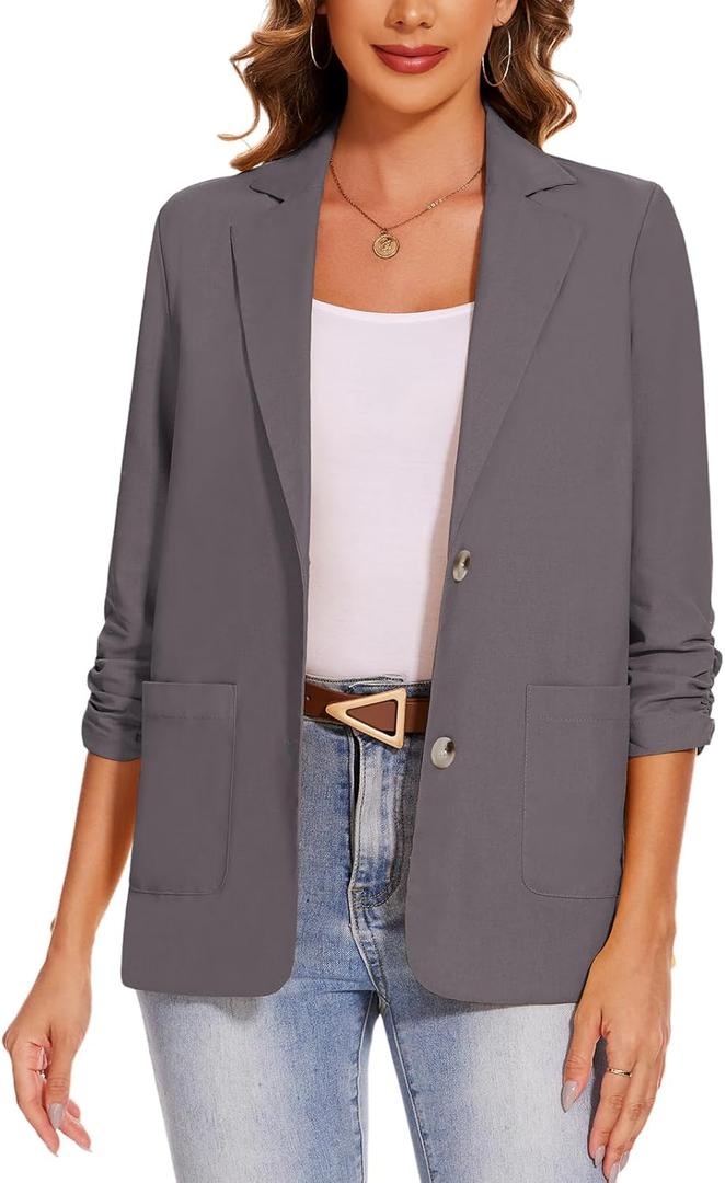MINTLIMIT Women's Summer Linen Blazer Jackets 3/4 Sleeve Casual Lightweight Notch Lapel Button Blazers Pocket (Medium, Grey)