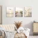 WENGTIAO 3Pcs Seascape Wall Art Beige Reeds Sunset Canvas Paintings Ocean Beach Scenic Prints Pictures Rustic Bridge Boardwalk Wall Decor Seagulls Artwork Posters for Living Room Bedroom 12”x16”x3