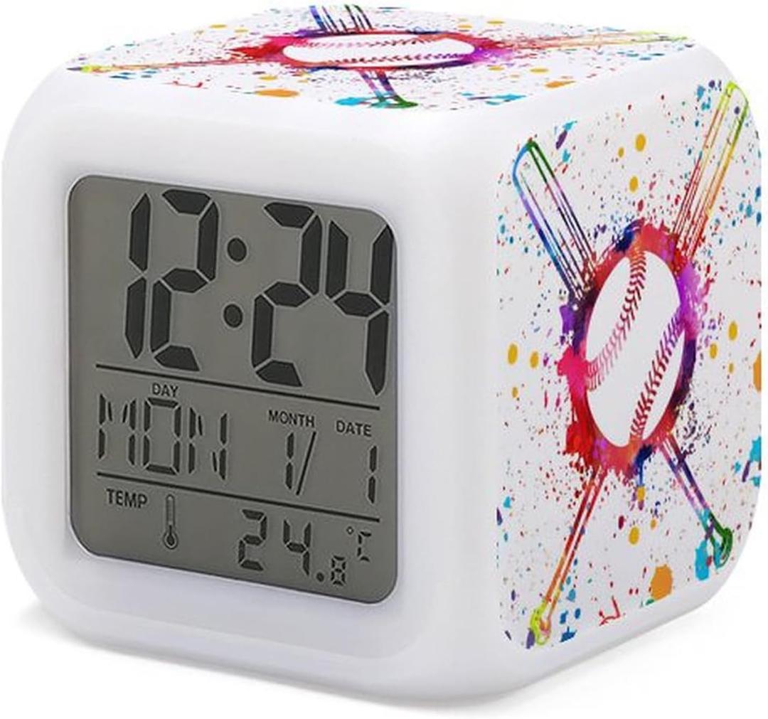 Baseball Alarm Clock for Kids Boy Girl 7 LED Color Changing Wake Up Clock Home Decor Bedroom Digital with Temperature Display