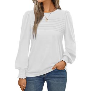 Simlakey Women Long Sleeve Shirt Dressy Casual Blouse 2025 Fall Fashion Pleated Top Trendy Loose Fit Crew Neck Basic Tee(White,L)