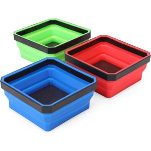PR1ME Collapsible Magnetic Parts Tray Set, Foldable Magnetic Tray, 3 Pieces 4.25 inch Square Silicone Bowls with Magnetic Base Stores and Organizes Small Parts and Tools