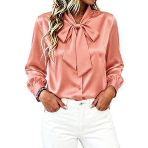 CBOO Women's Bow Tie Neck Button Down Shirts Silk Blouses Long Sleeve Elegant Satin Blouse Casual Dressy Business Tops (Pink, S)