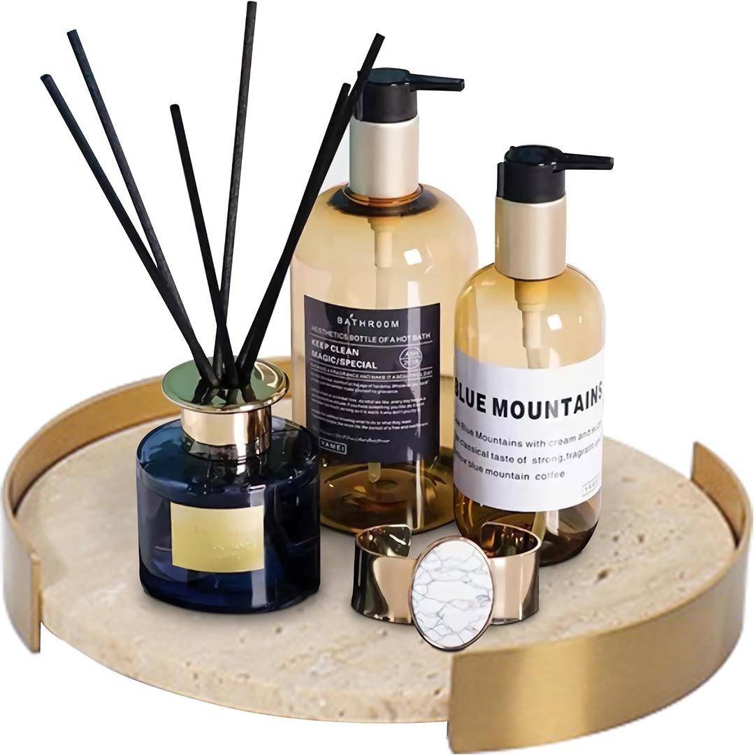 Travertine Tray, Round Marble Vanity Bathroom Countertop Tray, Ceramic Decorative Trays for Coffee Table (S)
