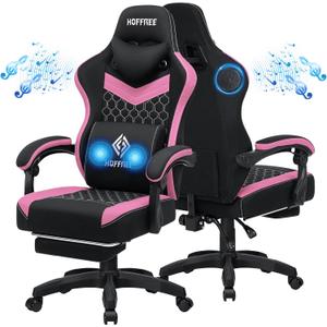 HOFFREE Gaming Chair Computer Chair Fabric with Speakers Massage Game Chair with Footrest Bluetooth Ergonomic High Back Gamer Chairs with Lumbar Reclining Gaming Chairs for Adults Pink and Black