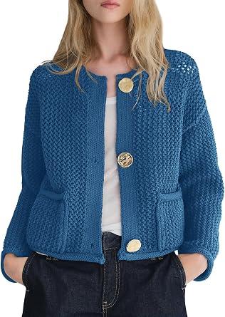 Balimtoy Women’s Cropped Sweater Jackets Cute Crewneck Button Down Long Sleeve Crop Knit Cardigan with Pocket Blue XL
