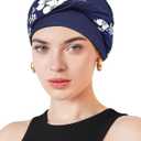 Movable Knot Beanies with Relaxed Stretch Elastic, Chemo Hats for Women (White Blue Floret)