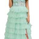 NIKBK Tiered Tulle Prom Dresses Long Ball Gown A-Line Ruffle Strapless Corset Sparkly Formal Evening Dress with Slit Size L