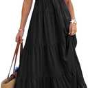 ECOWISH Womens Summer Maxi Dress 2025 Flutter Short Sleeve V Neck Tie Front Wedding Guest Vacation Tiered Flowy Dresses, Medium, Black