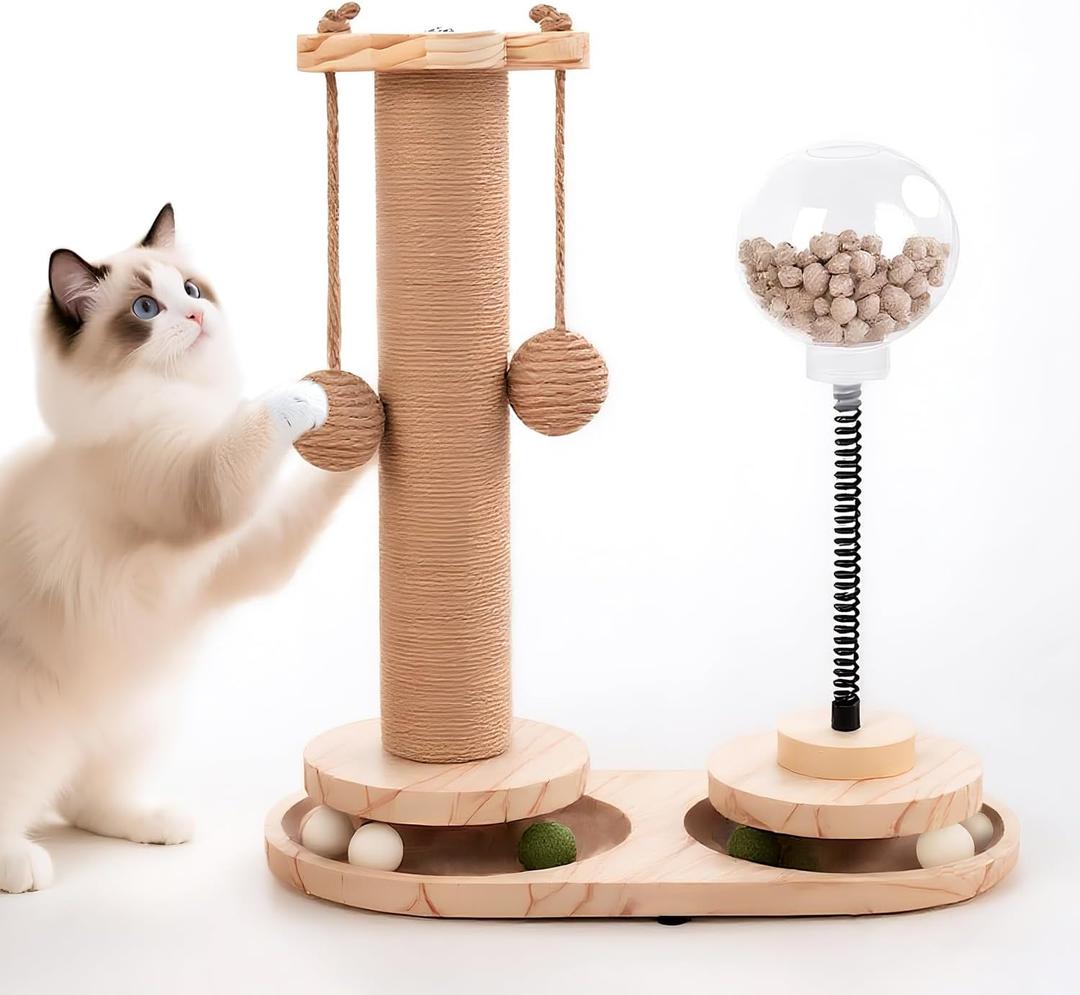 4 in 1 Cat Scratching Post. Wooden Kitten Scratching Post. Kitten Toys for Indoor Cats with Leaky Food Ball and 2 Sisal Hanging Balls. 15.7" Cat Scratcher with 2 Cat Ball Tracks for Kittens