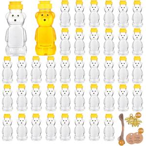 8oz Plastic Honey Bear Bottle Mini Honey Jars Party Favors Small Honey Bear Bottles with Lids Bear Shape Clear Empty Honey Jar with Screw Yellow Lid 50 Tags 2 Rolls Jute Rope (36-set)