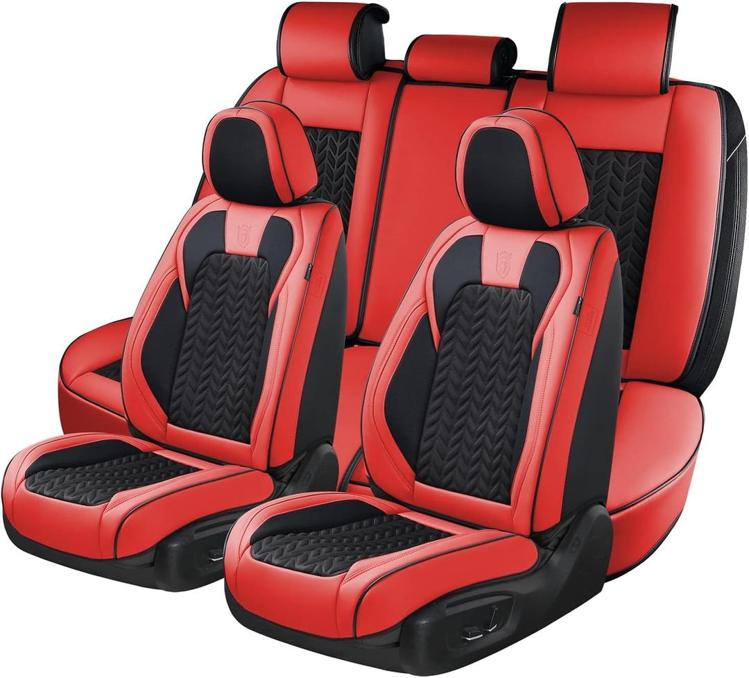 Coverado Seat Covers Full Set, 5 Seats Car Seat Cover Winter, Front and Back Seat Covers for Cars, Breathable Faux Leather Car Seat Cushion, Car Seat Protector Universal Fit for Most Cars Vans, Red (FullSet)