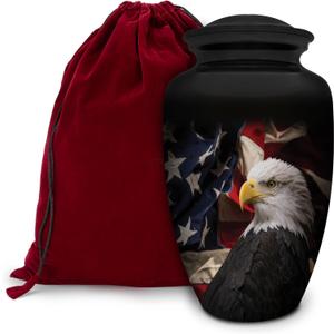Patriotic Hearts Eagle Extra Large Urn for Human Ashes | American Flag Cremation Urn for Adults, Veteran, Extra Large Size, Handmade Funeral Urns with Velvet Bag