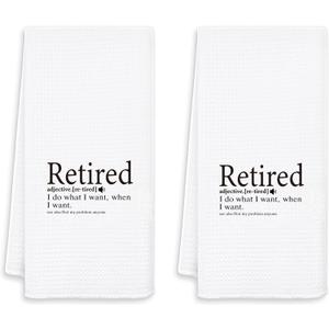 Funny Retirement Kitchen Towel Set of 2 Retired Definition Waffle Weave Dish Towel, White Cotton Hand Towel Gift for Retired Men or Women,12x24 Inches