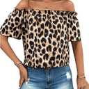 MakeMeChic Women's Off Shoulder Tops Short Sleeve Dressy Casual Spring Summer Blouses Top 2025 (X-Large, Leopard Multi)