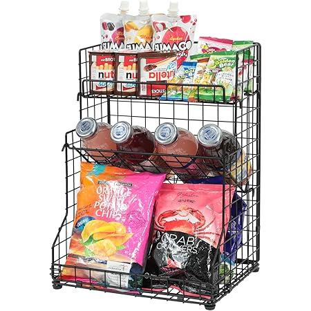 3-Tier Snack Organizer Rack Bins with Adjustable Tilting Design for Pantry Storage,Metal Wire Snack Holder for Kitchen Bathroom Cabinets Countertops