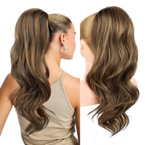 REECHO Ponytail Extension, Drawstring Ponytail Extension Long Wavy Layered Pony Tails Hair Extensions 22inch Natural Clip in Synthetic Hairpiece for Women, Chocolate Brown with Highlights
